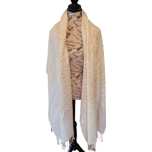 Wrap Scarf White Embroidered Floral on White Fringe 84" x 40" Wide - Picture 1 of 6